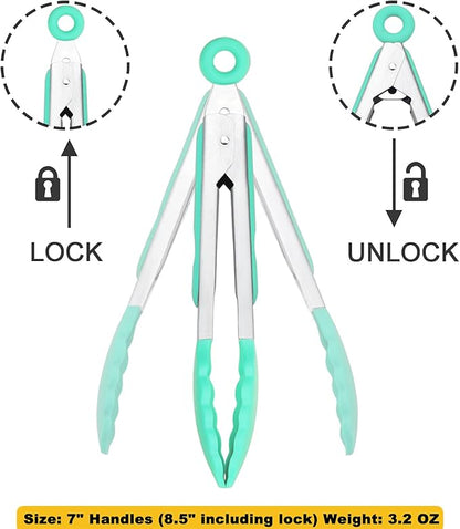 HINMAY Mini Tongs with Silicone Tips 7 Inches Silicone Cooking Tongs, Set of 3 (Mint)