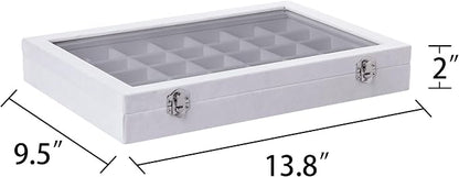 Frebeauty Velvet Jewelry Tray,35 Grid Jewelry Organizer with Clear Lid,Earring Holder Organizer Case with Clasp,Drawer Insert for Rings Studs,13.8 x 9.5 x 2 Inches,Gift for Women Girls(White)