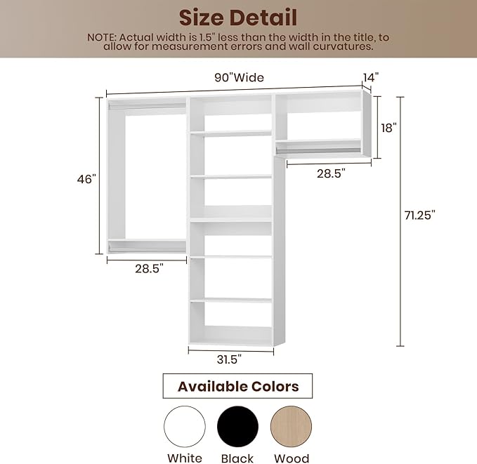 ROOMTEC Modular Closet System, 90" Wall-Mounted Closet Organizer with Hanging Rods, Modern Wooden Tower for Walk-In Closets, Wardrobe Storage Kit, White