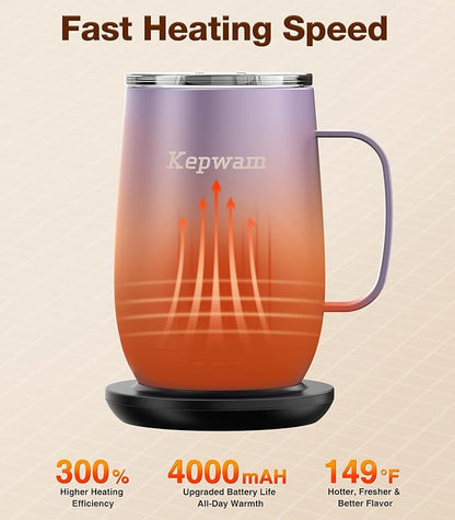 Kepwam Heated Coffee Mug T2-Plus, 20oz Leading Large Capacity Self Heating Coffee Mug, Up to 8 Hrs Battery & Hot Up to 149℉, Smart Coffee Mug for Women, Men