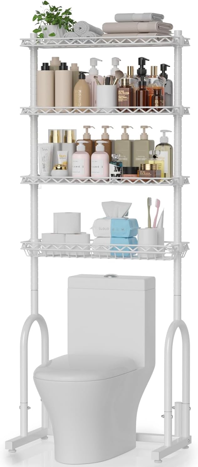 EAGMAK Over The Toilet Storage Rack, 4-Tier Bathroom Organizer with Adjustable Shelves & Basket, Rust-Resistant Metal Over Toilet Shelf for Small Bathroom Space Saving, White