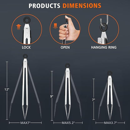 Hotec Stainless Steel Kitchen Tongs, Set of 3-7", 9" and 12", Locking Metal Food Tongs for Cooking, Serving, BBQ, Grill with Non-Slip Grip