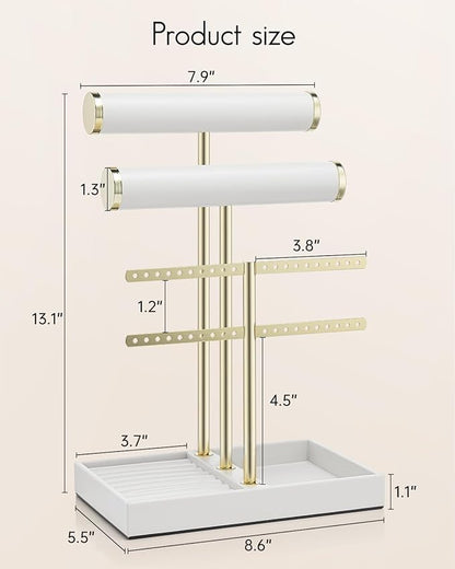 Vlando 3 Tier Necklace Holder Organizer with Tray, Leather Bracelet Holder Display for Women, Gold Jewelry Stand for Bracelet, Necklace, Earrings, Rings - White