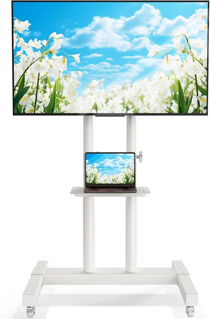 Rfiver Mobile TV Cart Rolling TV Stand for 32-83 Inch Screen Flat/Curved TVs up to 110lbs, Tilt and Height Adjustment Portable TV Stands on Wheel with Laptop Shelf, Outdoor TV Stand MAX VESA 600x400mm