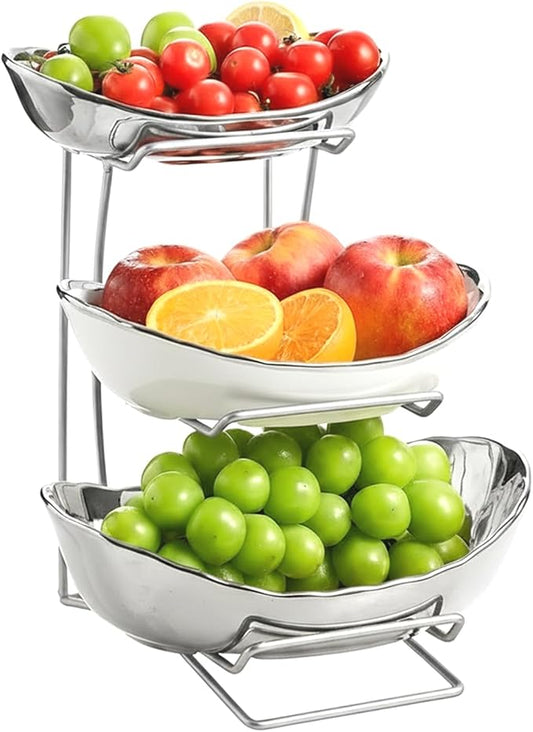 MEIGLQEA Gold Silver Fruit Bowl with Metal Stand, 3 Tier Ceramic White Fruit Bowl Fruit Rack for Kitchen Counter, Tiered Fruit Basket for Snacks Bread Candy Storage (Silver (Smooth Surface))