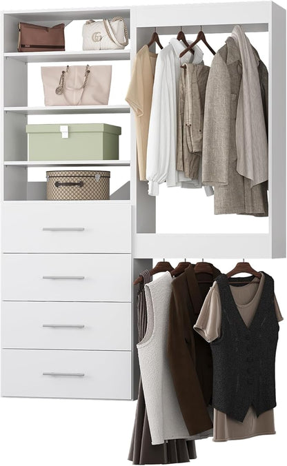 Modular Closet System, 58" Wide Organizer With Tower and Drawers, Wood Storage for Walk In Closets, Wall Mounted Wardrobe Kit, Bedroom, White