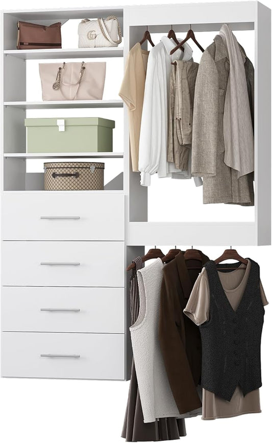 Modular Closet Organizer, 61" Wide Tower and Drawers, White Walk In Closet Storage, Wall Mounted Wardrobe Organizer Kit
