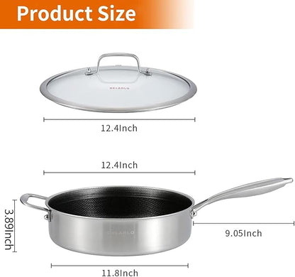 DELARLO Tri-Ply Stainless Steel 12 Inch Deep Frying Pan with lid,7QT Saute Pan Nonstick,Compatible with All Cooktops,Oven Up to 660℉,Chicken Fryer,Dishwasher-Friendly