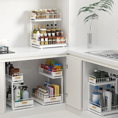 Under Sink Organizer Kitchen, Pull Out Cabinet Organizer 2 Tier Slide Out Sink Shelf Cabinet Storage Shelves, Under Sink Storage for Kitchen Bathroom Cabinet, White, 1 Pack