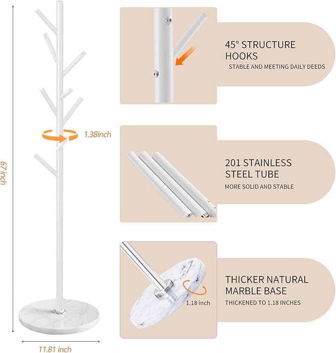 Metal Coat Rack Stand, Modern Freestanding Coat Rack with Natural Marble Base, Coat Racks and Coat Hall Tree Hanger Stand for Entryway, Hallway, Office (8 HOOKS-White)