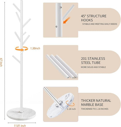 Metal Coat Rack Stand, Modern Freestanding Coat Rack with Natural Marble Base, Coat Racks and Coat Hall Tree Hanger Stand for Entryway, Hallway, Office (8 HOOKS-White)
