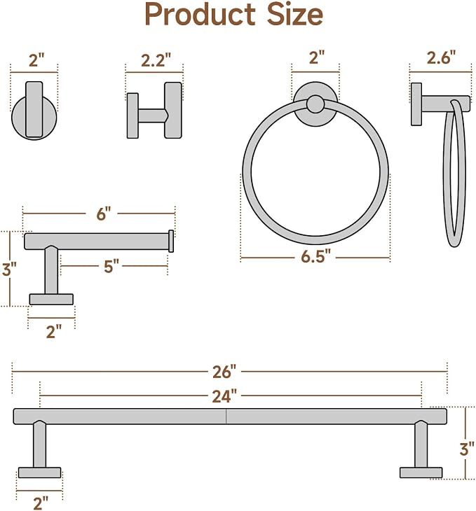 USHOWER Brushed Gold Bathroom Accessories Set, 24-Inch Towel Bar Set Wall Mounted, Durable SUS304 Stainless Steel Bathroom Hardware Set, 8-Piece