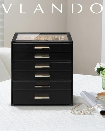 Vlando 6 Layer Jewelry Box for Women, Glass Lid Jewelry Organizer with 6 Drawers for Necklaces Rings Earrings Bracelets - Black