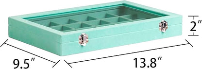 Frebeauty Velvet Jewelry Tray,24 Grid Jewelry Organizer with Clear Lid,Earring Holder Organizer with Clasp,Drawer Insert Rings Pendants Brooches,13.8 x 9.5 x 2 Inches,Gift for Women Girls(Turquoise)