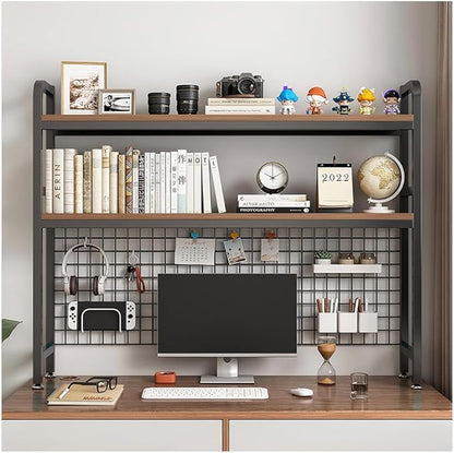 Desktop Hutch Bookshelf, 2-Tier Metal Desk Shelf with Grid Panel, Wooden Desktop Display Rack for Computer Monitor, Countertop Storage Organizer for Office Home Dorm (Black)