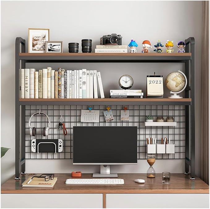 Desktop Hutch Bookshelf, 2-Tier Metal Desk Shelf with Grid Panel, Wooden Desktop Display Rack for Computer Monitor, Countertop Storage Organizer for Office Home Dorm (115cm Black)