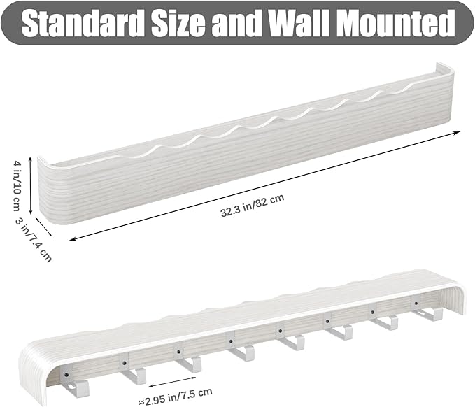 Coat Rack Wall Mount with Shelf 8 Hidden Hooks Modern Wooden Key Holder Entryway Organizer for Hallway Bedroom Bathroom Home Decor Storage for Hanging Coats Hats Bags Towels, Wave-Shape White