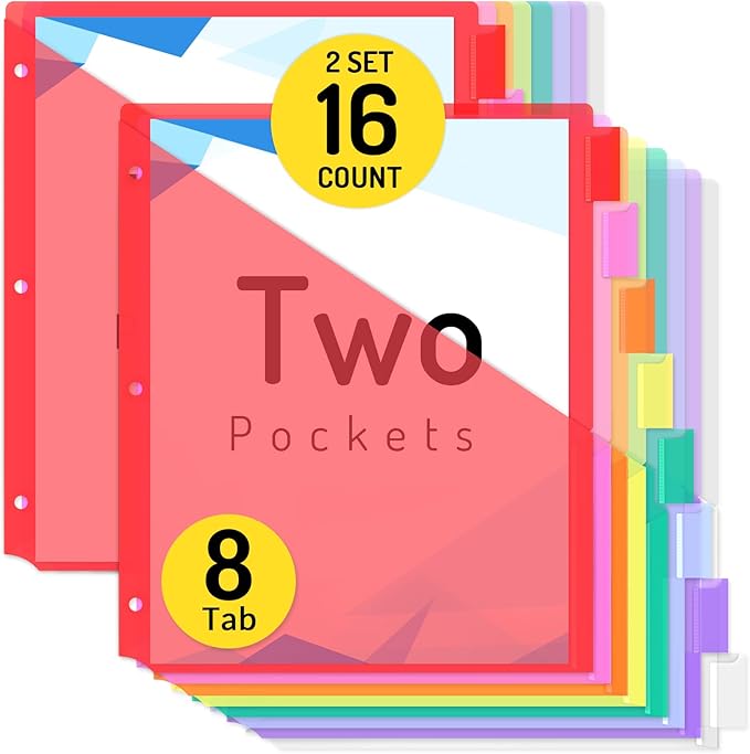 Forvencer 16 Count Dividers with Two Pockets, 8 tabs Binder Dividers for 3 Ring Binder Organizer, Multicolor, 2 Sets