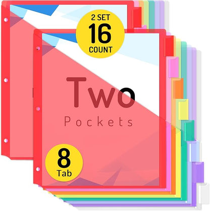 Forvencer 16 Count Dividers with Two Pockets, 8 tabs Binder Dividers for 3 Ring Binder Organizer, Multicolor, 2 Sets