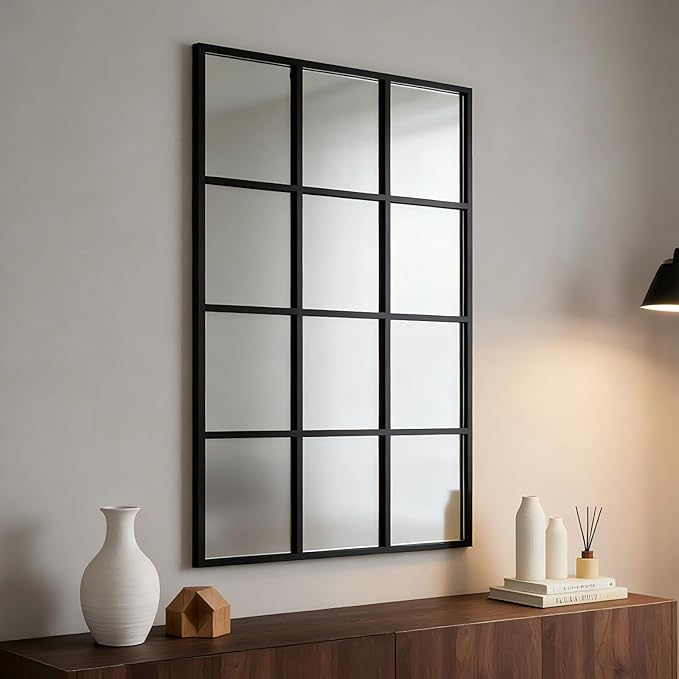 Metal Window Mirror Oversize, 47'' x 32'' Large Decorative Wall Mirror, Mirror Window for Wall Decor, Grid Wall Mirror for Living Room, Bedroom, Entryway, Matte Black