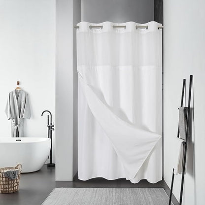 White No Hook Waffle Weave Shower Curtain with snap-in Liner Replacement, 230GSM Waterproof Fabric Hotel Shower Curtain Set for Bathroom, Through Mesh Top Window,48Wx74H
