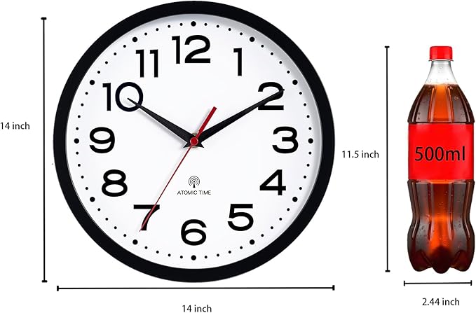 Roymnie Atomic Wall Clock 14 Inch, Modern Clock Battery Operated Classic Analog Decorative for Kitchen, Living Room, Office, Bedroom, Bathroom (Black)