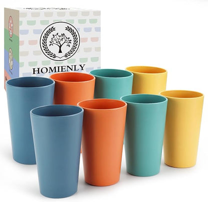 Homienly Reusable Plastic Cups - Wheat Straw Unbreakable Drinking Glasses & Water Glasses | Multi-Color Stackable Plastic Cups, Dishwasher Safe | Glassware & Cup Sets for Kitchen (20 oz 8-Pack)