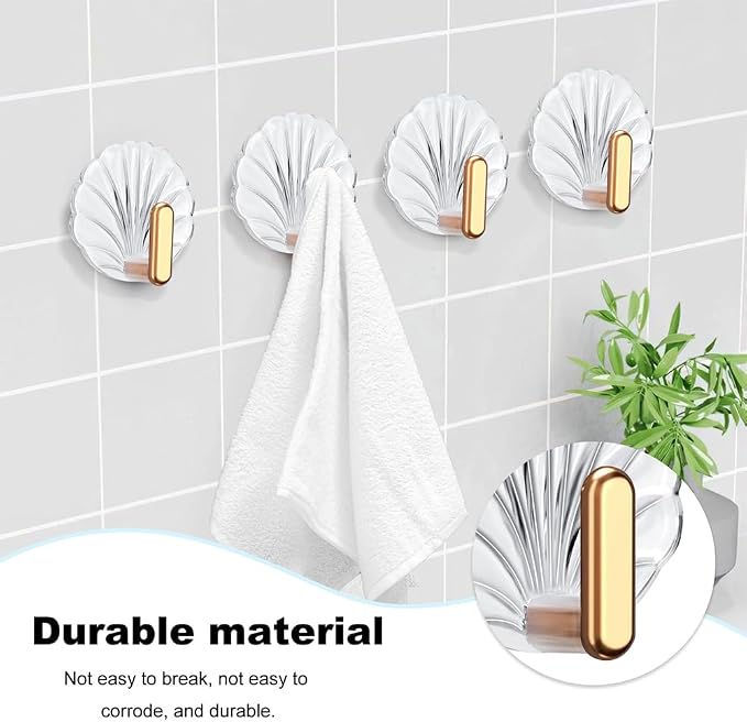 8PCS Shell Clear Adhesive Hooks - No Drill Removable Waterproof for Bathroom, Shower, Kitchen, Reusable Transparent Damage-Free Towels, Bath Sponges & Small Items (Space-Saving)