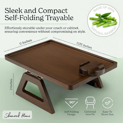 Shamrock Home Bamboo Couch Arm Table with Device Holder, Clip On Tray. for TV Dinners, Remotes, Drinks, Snacks and Small Spaces (Rectangular with Device Holder, Brown, Regular 13.75 x 9.5)
