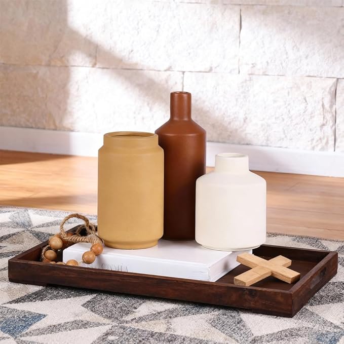 Ceramic Vase Set of 3 – Modern Decorative Vases in Matte White, Yellow & Brown, Small Flower Pottery Vase Sets, Boho Farmhouse Rustic Vases for Living Room, Kitchen, Bedroom, Bathroom, Shelf, Table