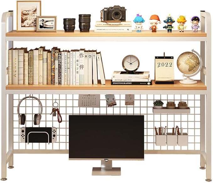 Desktop Hutch Bookshelf, 2-Tier Metal Desk Shelf with Grid Panel, Wooden Desktop Display Rack for Computer Monitor, Countertop Storage Organizer for Office Home Dorm (White)