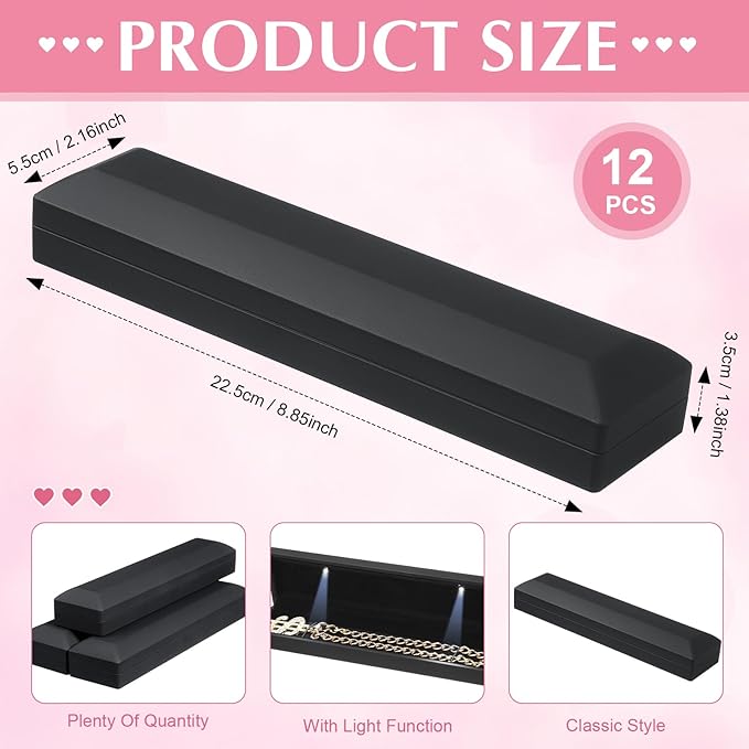 Yinkin 12 Pcs Black Velvet Jewelry Boxes LED Light Display Ring Necklace Bracelet Chain Gift Box Bulk Wedding Proposal Anniversary (Long Chain Box,Rectangular)