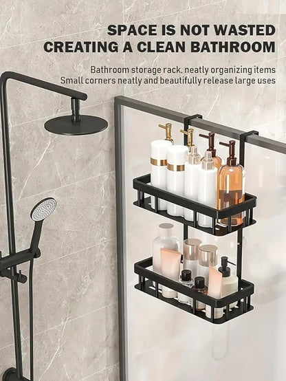Over Door Shower Caddy, Black Rustproof Bathroom Organizer, 2-Tier Storage Rack, 11.81x5.31 Inch Shelves, No Drilling Required