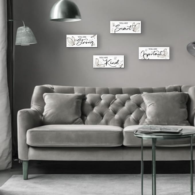 DONFENTHY 4 Pcs Butterfly Wall Decor Black Room Decor Wooden Positive Butterfly Decor with Inspirational Word Black White Grey for Women Room Bathroom Bedroom Office(Black,10x4 In)