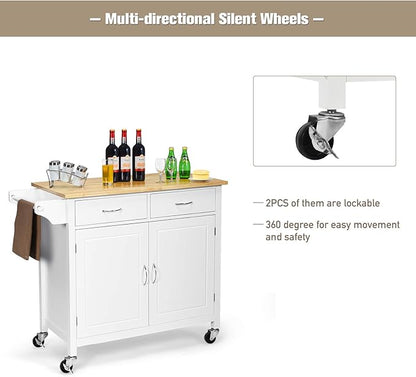 NAFORT Rolling Kitchen Island Cart on Wheels, Utility Trolley Cart Bar Serving Cart w/Rubber Wood Top, Handle Rack, Storage Cabinet and Drawers for Home Kitchen Dining Room, White