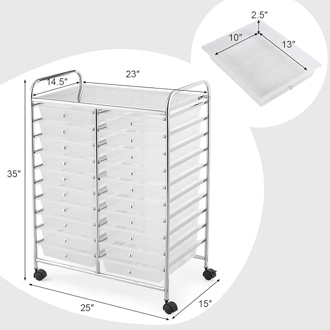GOFLAME 20-Drawer Rolling Storage Cart, Multifunctional Art Craft Organizer Cart, Mobile Utility Storage Cart with Removable Drawers & Lockable Wheels, Craft Cart for Home Office School, Clear