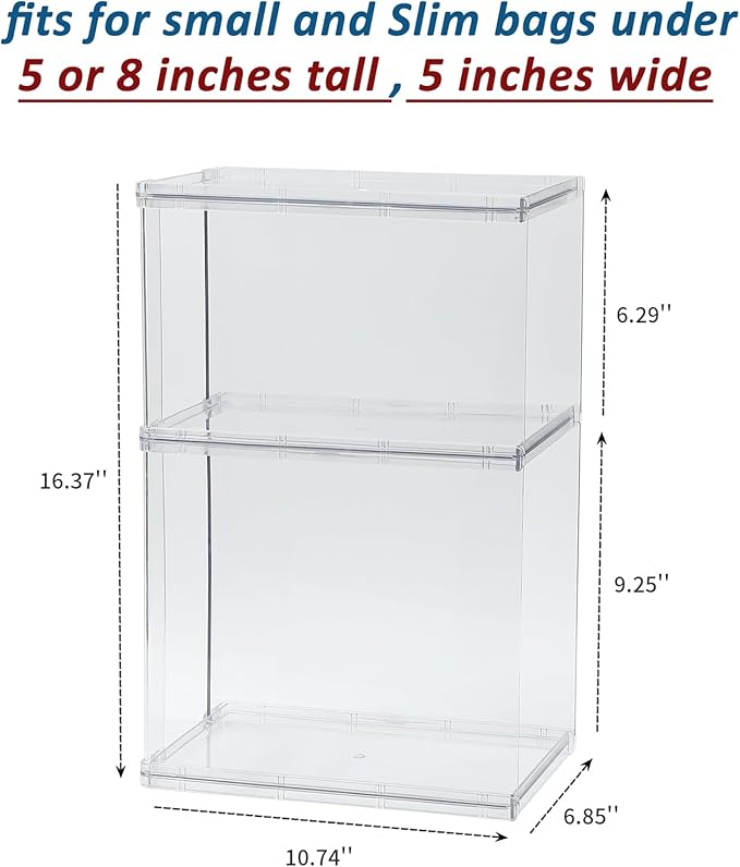 2 Pack Stackable Closet Organizers and Storage Shelves for Purses, Handbags, Clear Display Rack for Bathroom, Kitchen, Bedroom and Dresser, Plastic High Heels Holder (Short/Tall)