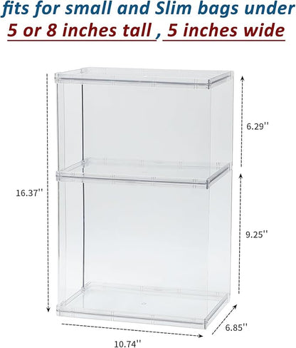2 Pack Stackable Closet Organizers and Storage Shelves for Purses, Handbags, Clear Display Rack for Bathroom, Kitchen, Bedroom and Dresser, Plastic High Heels Holder (Short/Tall)