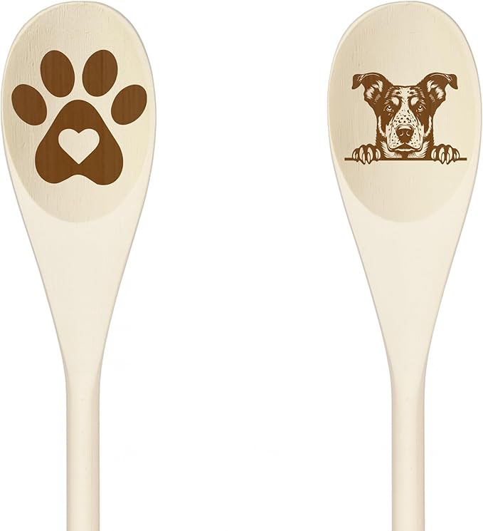 CATAHOULA-34 Wooden Spoons for Cooking, Serving or Decorative Kitchen Utensils Set Dog Lover Dog Mom/Dad Gift with Peeking Dog Designs, Paw Print and Dog Head, Kitchen Utensils Set of 2