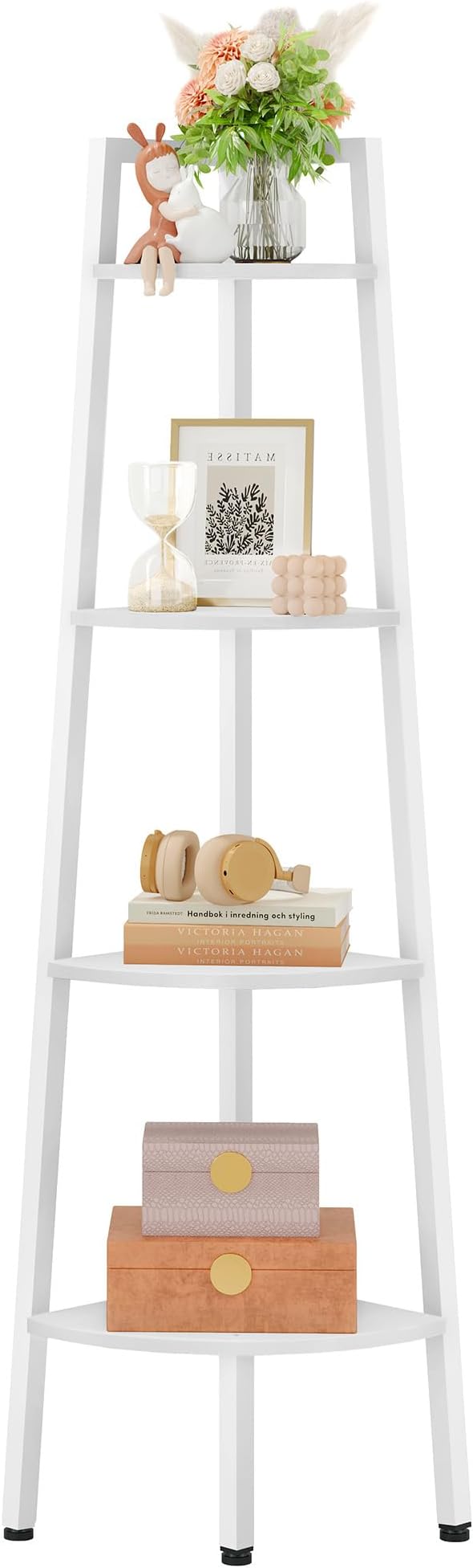 Hoctieon Corner Shelf, 4-Tier Corner Bookshelf, Rustic Corner Ladder Shelf, Industrial Display Shelf for Living Room, Kitchen, Home Office, Balcony, Small Space, Metal Frame, White