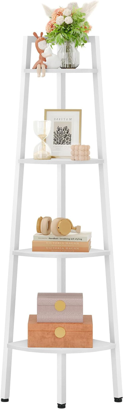 Hoctieon Corner Shelf, 4-Tier Corner Bookshelf, Rustic Corner Ladder Shelf, Industrial Display Shelf for Living Room, Kitchen, Home Office, Balcony, Small Space, Metal Frame, White