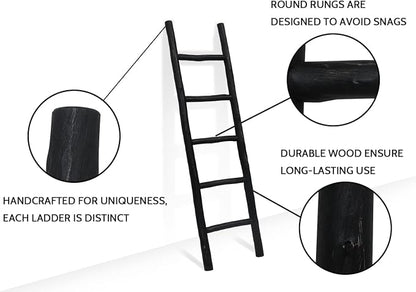 FUIN Fully Assembled 57in Wood Blanket Ladder Living Room Decorative Wall Leaning Farmhouse Quilt Display Holder Rustic Wooden Towel Rack for Bathroom, Black