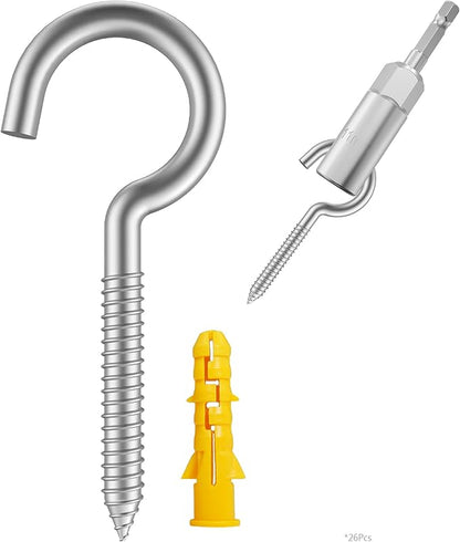 Stainless Steel Storage Hook (26 pcs), Heavy-Duty Metal Hooks, Rust-Resistant Eye Hooks with Wood Terminal Ring, 304 Screw-in Hooks for Indoor and Outdoor Use