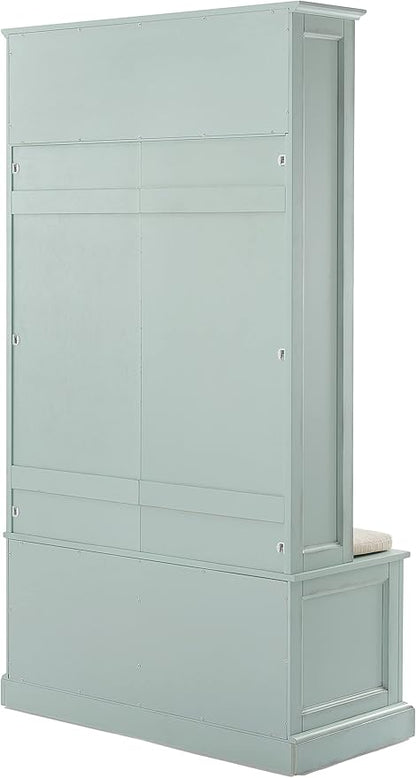 Crosley Furniture Holbrook Hall Tree with Shoe Rack Bench and Coat Hooks for Hanging Storage, Distressed Seafoam Blue