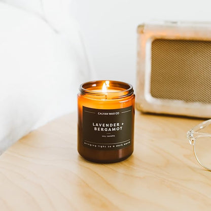 Calyan Wax Co. Lavender & Bergamot Scented Candle - 57 Hour Burn - Luxury Non Toxic Soy Wax Candles - Long Lasting Amber Glass Jar Candle for Home - 7.2oz