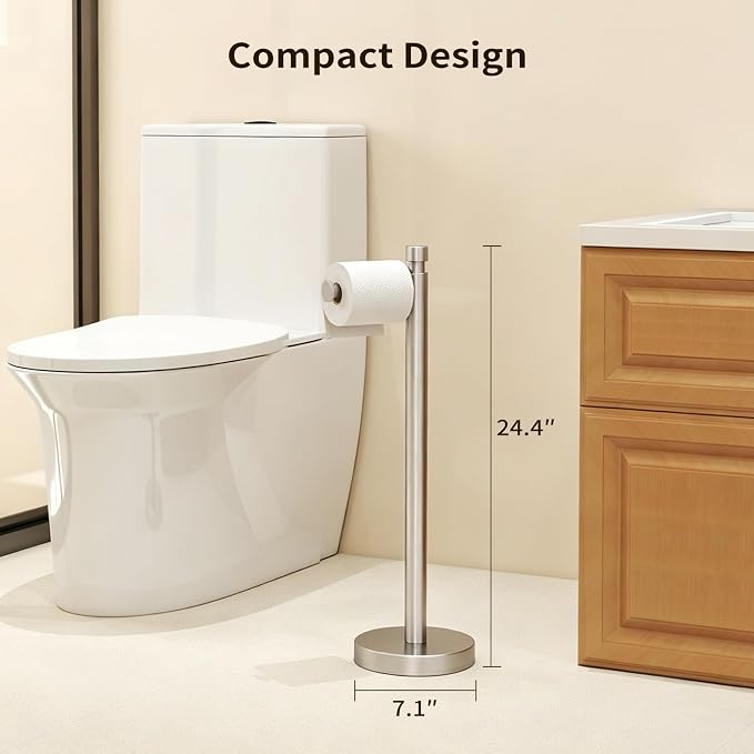 YUMORE Toilet Paper Holder Stand, Heavy Duty Stainless Steel Free Standing Bathroom Tissue Roll Holder, Brushed Nickel