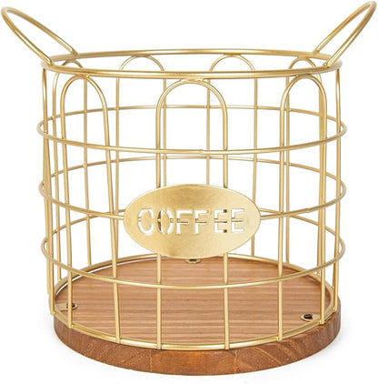 Coffee Pod Holder, Large Capacity K Cup Holder Organizer,Big Metal Kcup Capsule Storage Basket with Wooden Base, Coffee Bar Decor Station Accessories for Kitchen Counter Office Desktop (Gold)