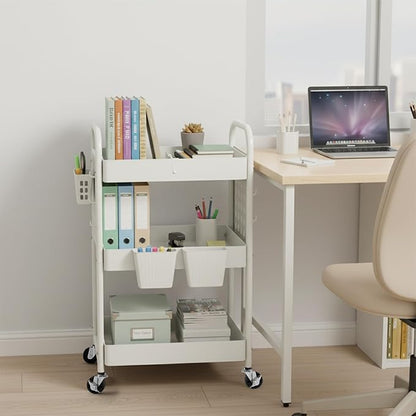 danpinera 3 Tier Rolling Cart with Retractable Dividers, Multi-Functional White Rolling Utility Cart with Pegboards, Hooks & Hanging Cups for Nursery, Living Room, Studio