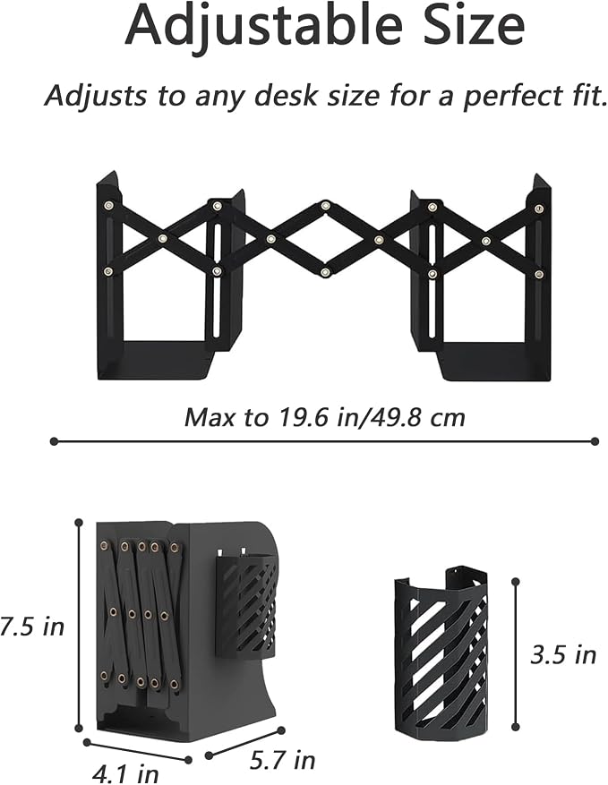 Kingsmile Book Ends, Adjustable Heavy Duty Metal Book Stoppers with Pen Holder for Desk Office Library Kids Room(Black)