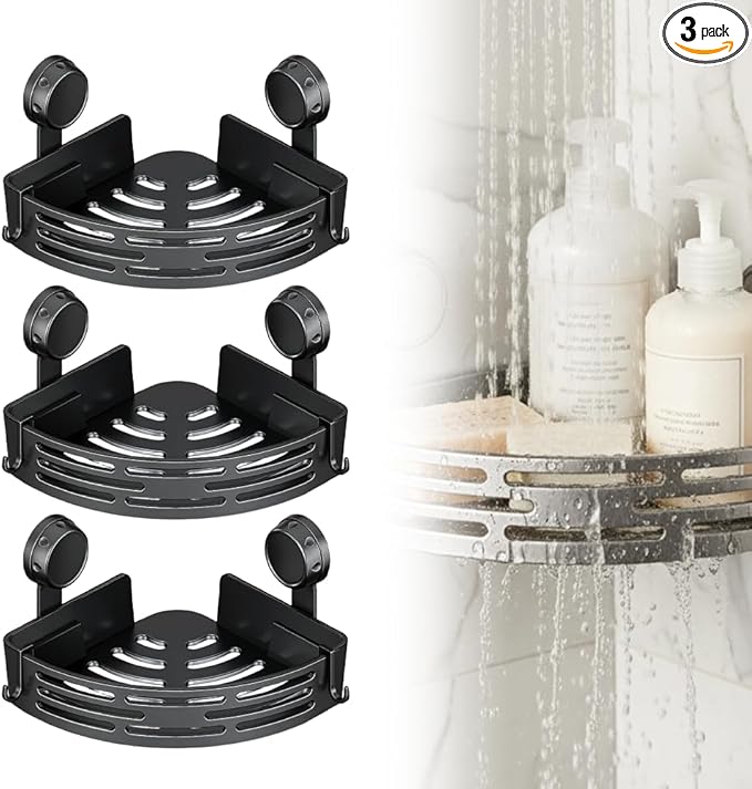 Triangle Suction Cup Corner Shelves No Drilling Bathroom Storage Rack, 2026 New Corner Shower Shelf Suction Cup Shower Caddy Corners Organizer Storage Rack Adhesive with Towel Bar (Black three-layer)
